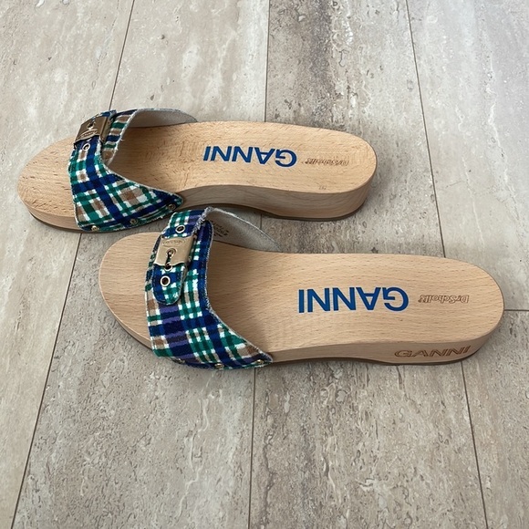 NWT GANNI x Dr. Scholl's Plaid Wooden Clog Sandals Buckle Retro Slides Blue 9 - Picture 4 of 13